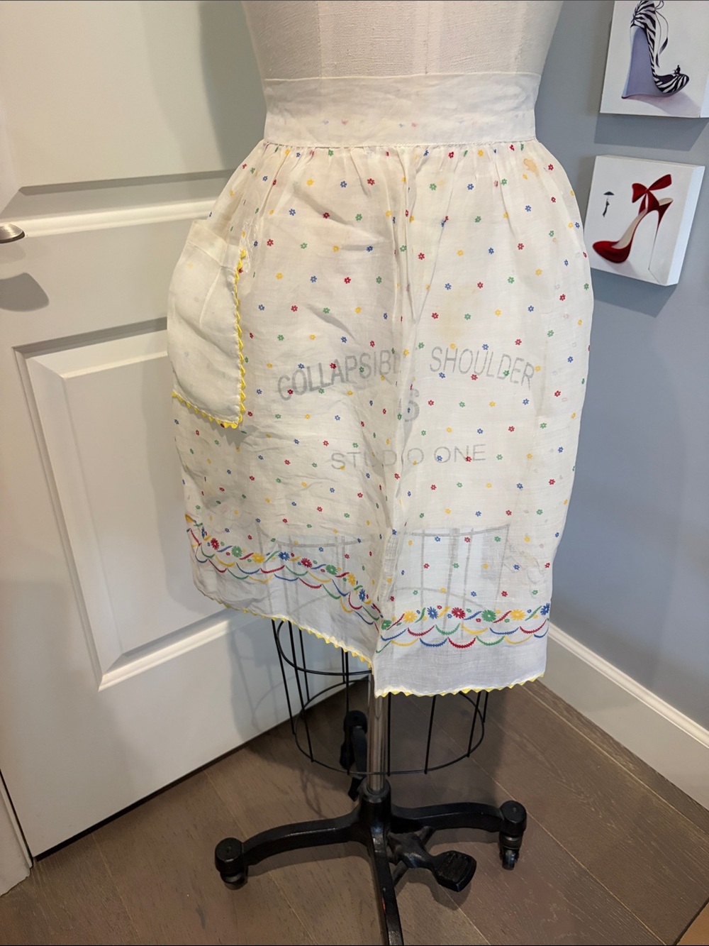Vintage Handmade 1940/50's White Half Apron with colorful print